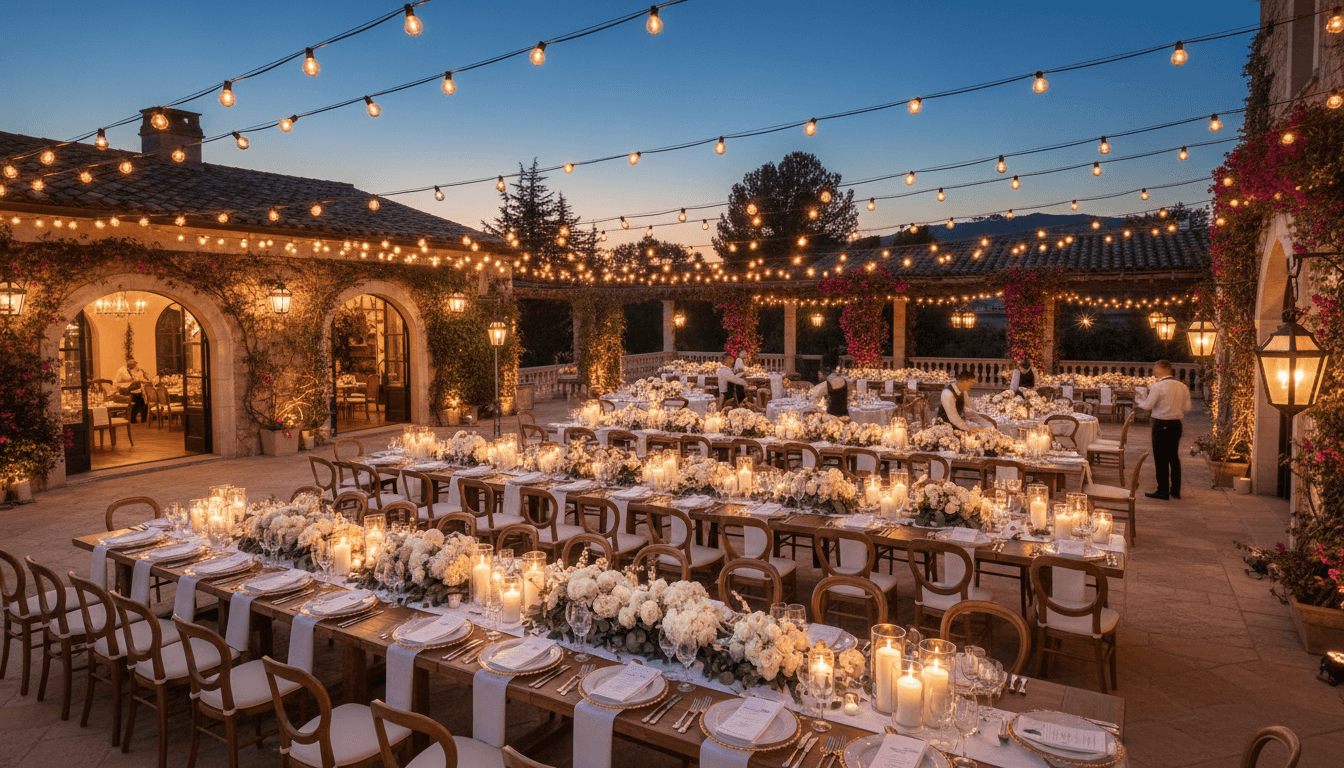 Outdoor terrace set for evening celebration