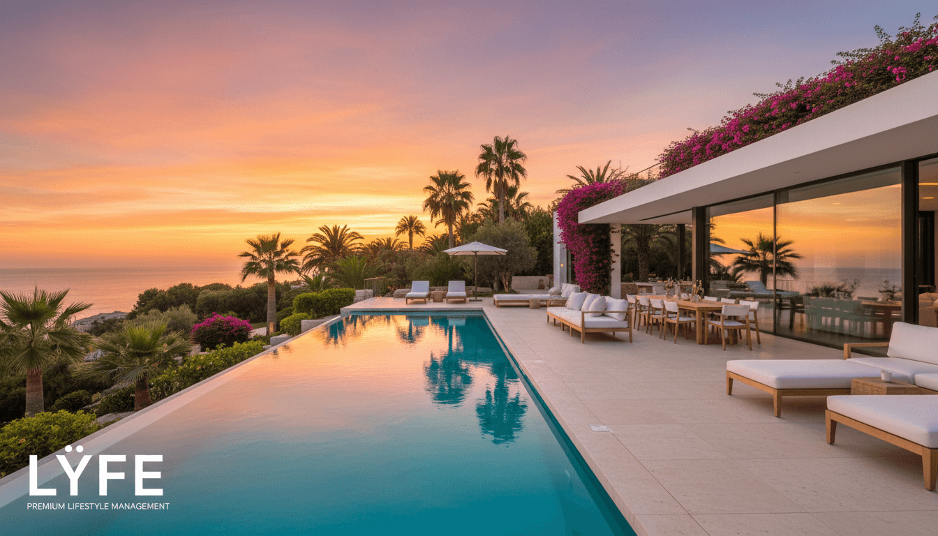 Luxury infinity pool and modern patio overlooking the ocean during a colorful sunset.