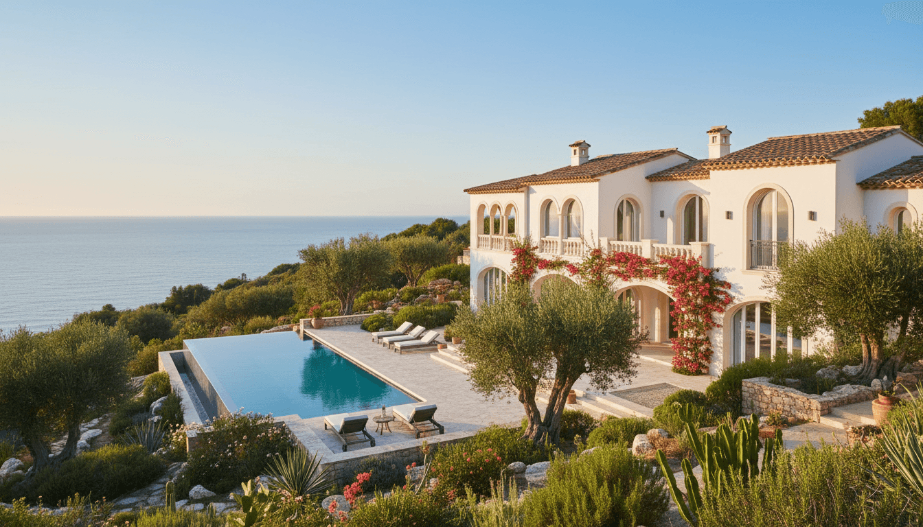 Luxury Mediterranean villa with whitewashed exterior, terracotta roof, infinity pool, and manicured gardens overlooking azure sea