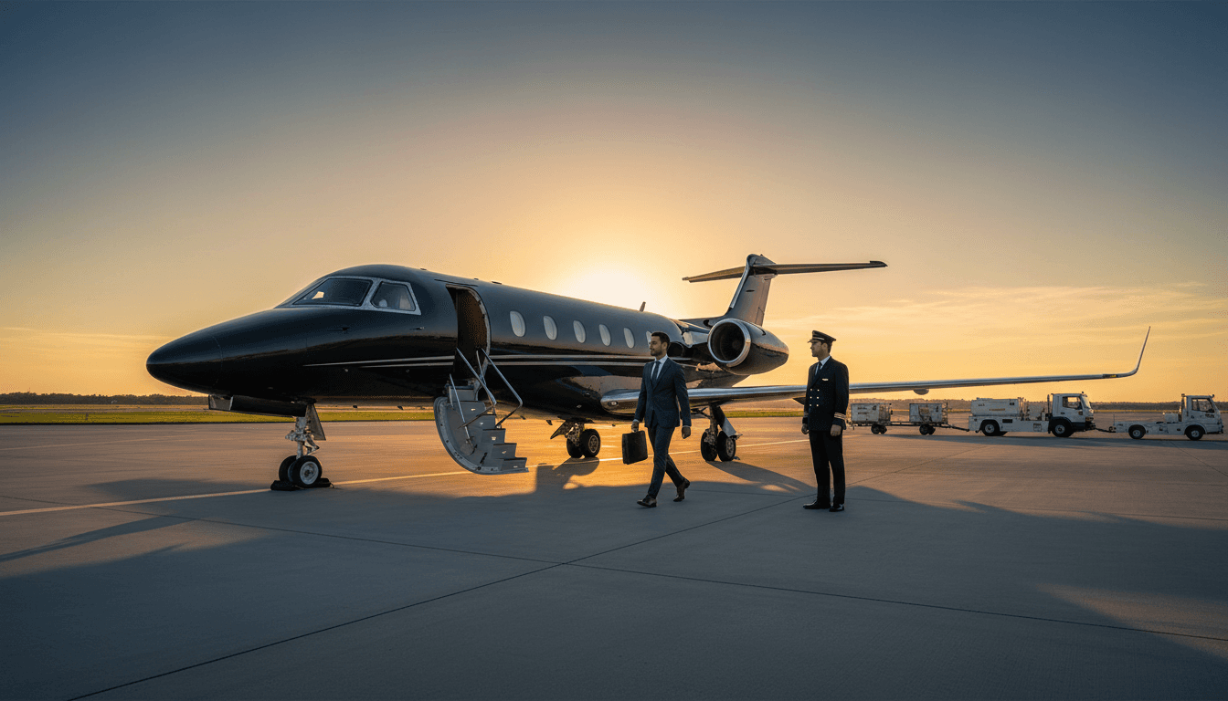 Suited executive walking toward sleek jet at golden hour with aviation crew standing at attention, ready for departure